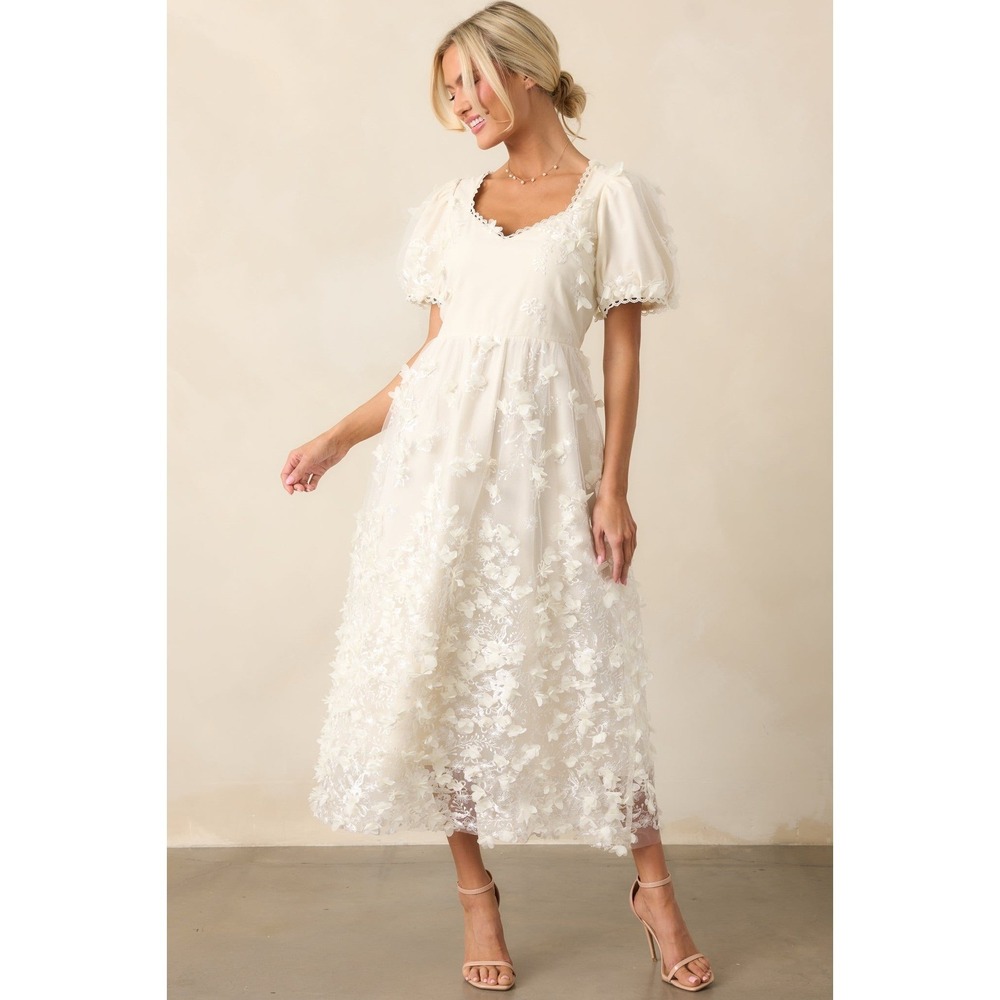 NWOT 'JUST ME' DAFFODILS & DAYDREAMS IVORY FLORAL PUFF SLEEVE MAXI DRESS /Size S